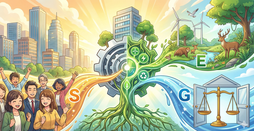 ESG経営が企業の生存戦略であることを示すアニメ調の図。中央の歯車からS（社会）、E（環境）、G（ガバナンス）の要素が広がり、持続可能な未来へと繋がっていく様子が描かれています。