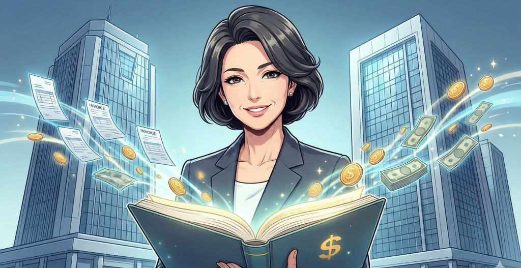 ファクタリングのガイドブックを開く大人の女性キャラクターと、請求書や現金が流れる2社のビル。