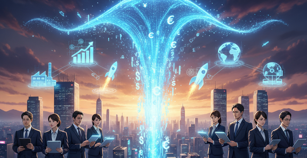 企業の成長を象徴するビル群の屋上で、ビジネスパーソンたちが資金の流れを最適化するために、ファクタリングを含む金融ソリューションを活用する。