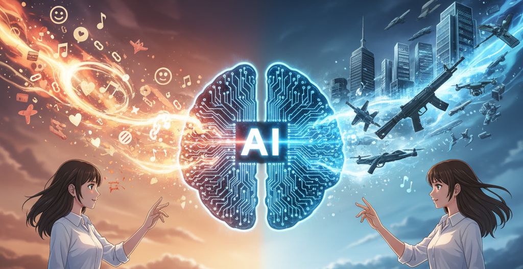 AIと人間が対峙し、感情や音楽を表す炎と、戦争や都市を表す冷たい光が交錯する未来的な情景。