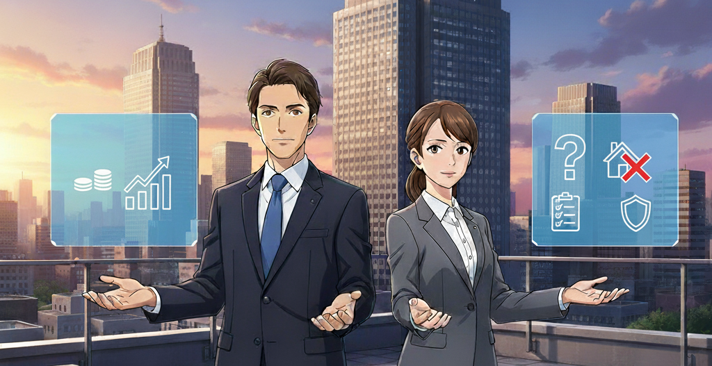 ビルを背景に立つビジネスパーソンの男女。左側に事業や金貨、右側に住宅と注意マークが描かれ、SBIグループ不動産担保融資の活用とリスクを表現。