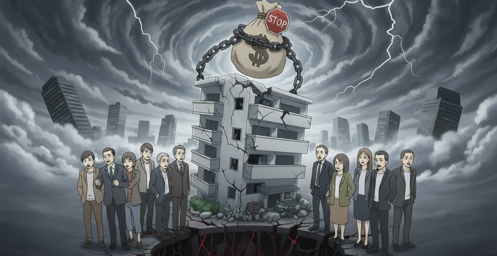 行政処分と分配金停止により崩壊したビル、怒りや不安を感じる人々が周囲に立ち、不動産クラウドファンディングの危険な落とし穴を象徴的に表す。