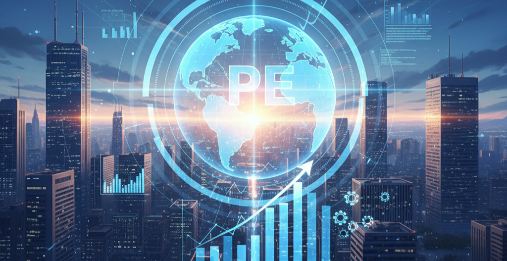 成長する都市のビル群を背景に、地球儀とプライベートエクイティ（PE）の市場動向を示すグラフが重なり、経済の活況を表現。