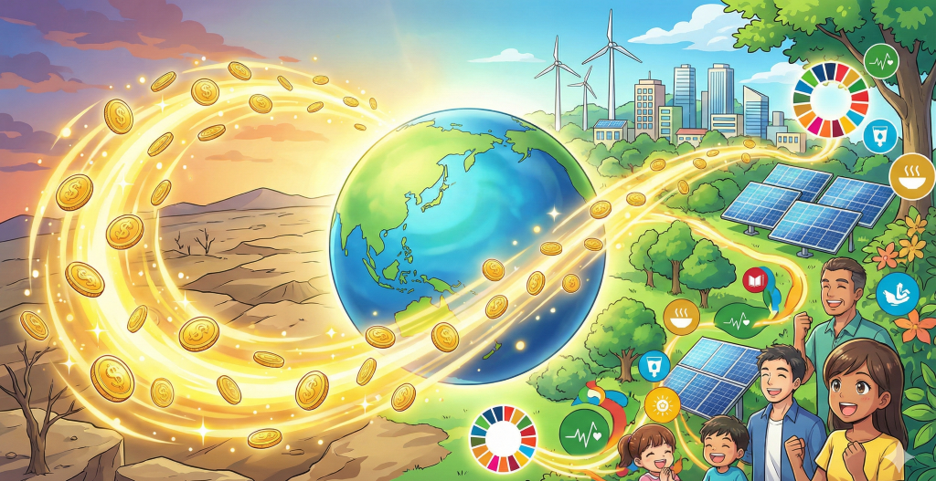 金貨の流れが地球を巡り、荒廃した土地が再生可能エネルギーやSDGsの目標が達成された持続可能な豊かな社会へと変わっていく。