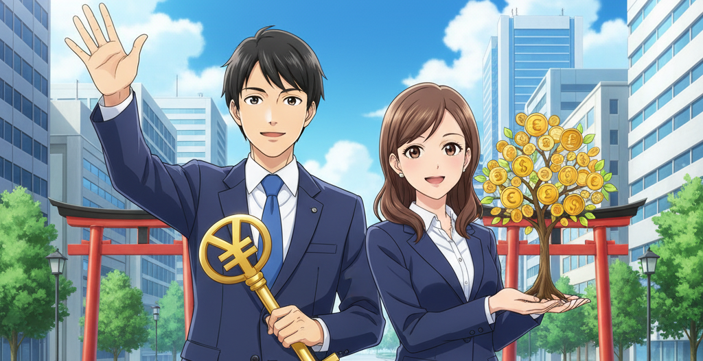 中小企業やスタートアップの経営者が信用金庫の担当者と笑顔で握手を交わし、ビジネスの成長と信頼関係の構築を象徴するシーン。