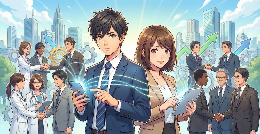 ビジネスマッチングアプリを通じて多様な企業と繋がり、オープンイノベーションで事業成長を目指す起業家たち。