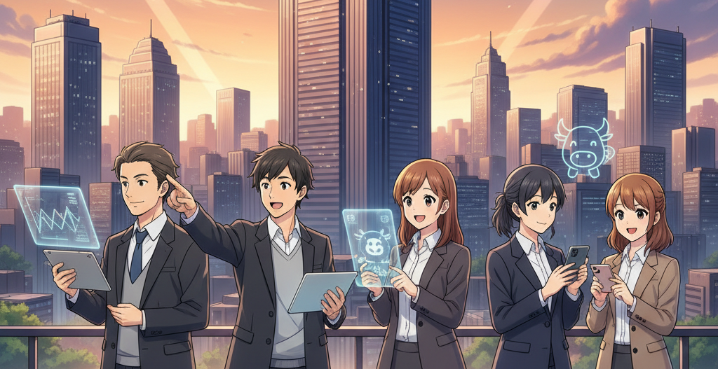 オリックス銀行のビルを背景に、ビジネスパーソンがタブレットやスマートフォンで金融サービスを利用する様子。オリックス銀行の特徴や活用法を案内するコラムをイメージさせる。