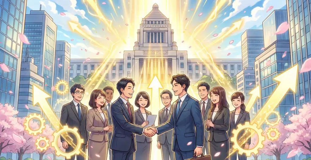 国会議事堂から大型減税と補正予算の光が降り注ぐ中、景気底上げに向けて協力の握手をする企業のビジネスパーソンたち。