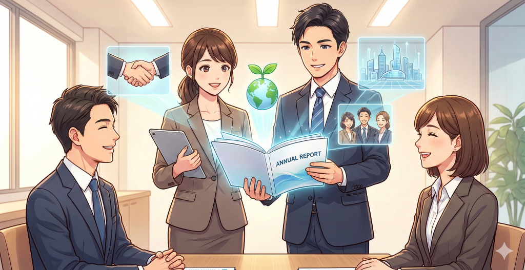 企業担当者が投資家に対し、アニュアルレポートを見せながら、ビジョンや環境への取り組みといった非財務情報を熱心に説明し、信頼関係を築いている。