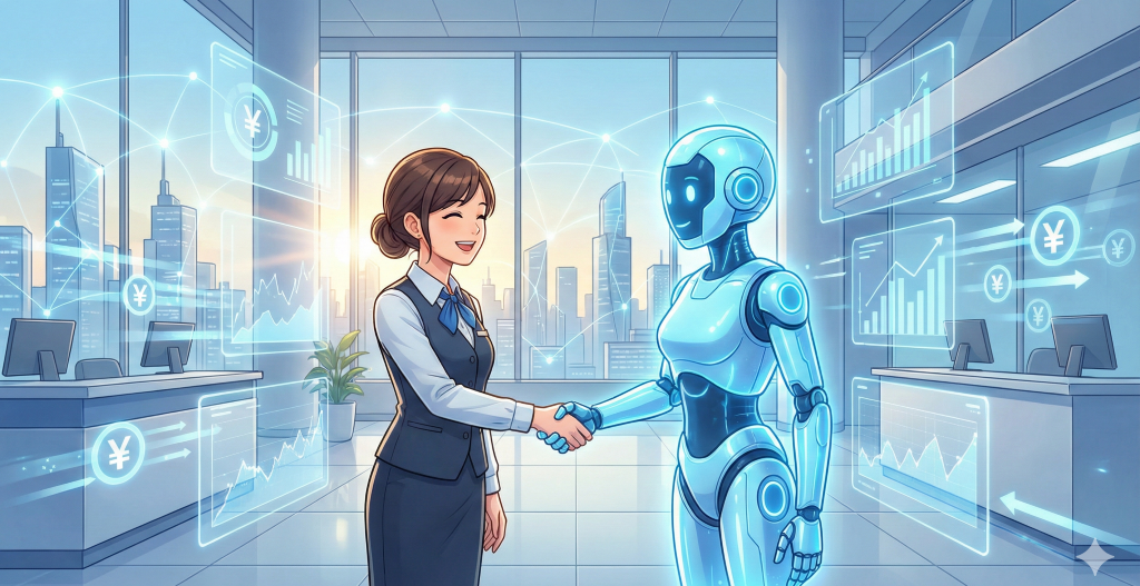 未来的な銀行で女性行員とAIロボットが握手し、周囲にデータが浮かぶ。AI活用による銀行業務と顧客対応の進化を示す最前線の光景。