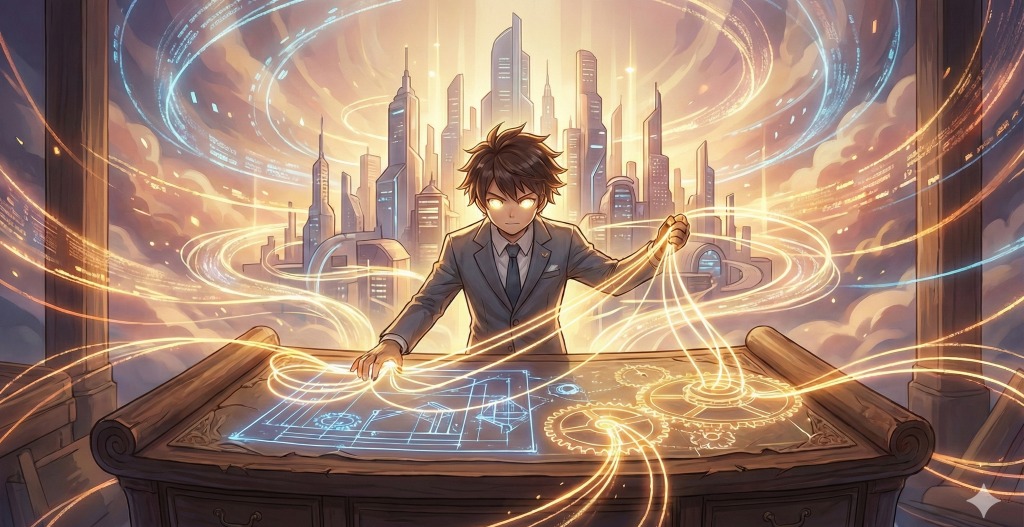 未来の成功を示す事業計画の設計図に向かい、事業コンセプトとなる重要な言葉を光の糸として紡ぎ出すアニメ調のビジネスマンの様子。