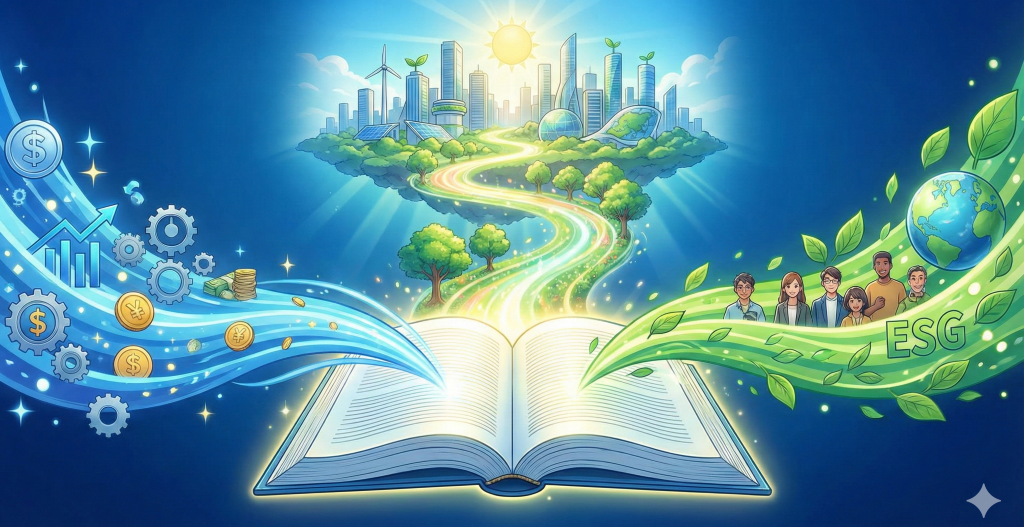 財務情報とESG経営の要素が融合した統合報告書から、持続可能な未来への価値創造ストーリーが光の道となって伸びていく様子を描く。