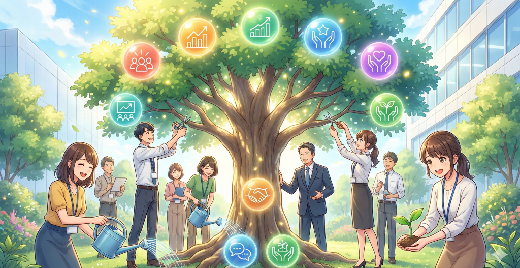 企業と従業員の成長を象徴する大樹を、多様な社員が協力して育てる様子。周囲の光るアイコンは、従業員エンゲージメントを高める5つの向上施策を表現。