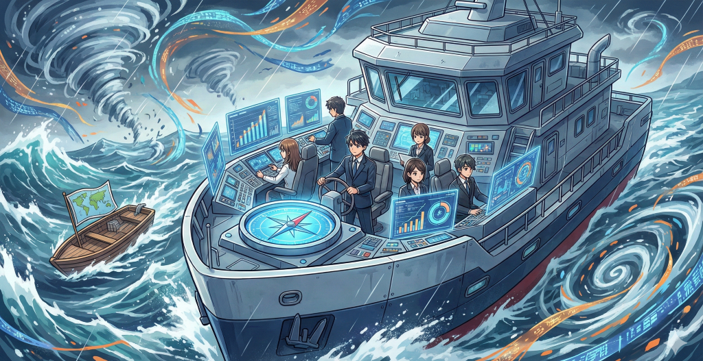 VUCA時代の荒波を乗り越えるため、羅針盤とデータモニターを駆使して船を操縦するチーム。成長企業に不可欠な経営管理体制を象徴。