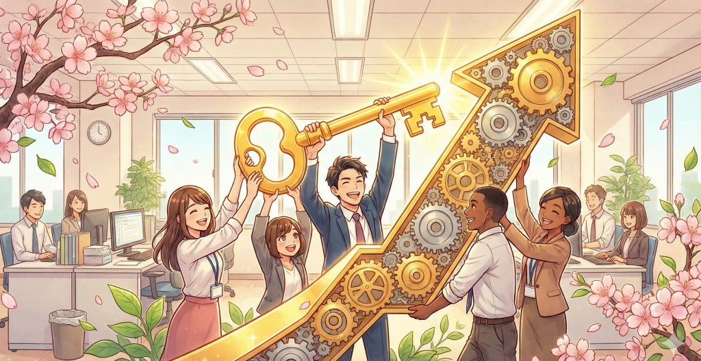 笑顔の従業員たちが協力して光る鍵と上昇する歯車の矢印を持ち上げ、会社の経営成長を支えている活気に満ちた日本のオフィスを描く。