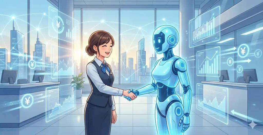 未来的な銀行で人間とAIロボットが協働し、データに基づく融資審査が行われている様子。AIスコアリング時代の資金調達を象徴する。