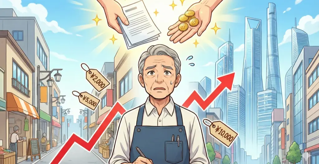 物価高騰を示す赤い矢印と値札に囲まれ困惑する中小企業の店主へ、上空から支援策を表す書類と硬貨が差し伸べられている。