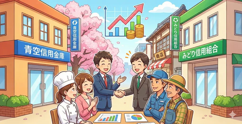 地域密着型の信用金庫と信用組合の建物前で、笑顔の職員が中小企業経営者と親身に相談し、サービス比較を行っている風景。