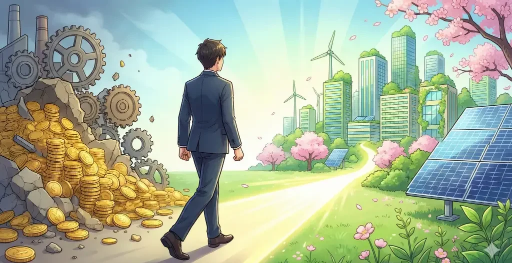 利益至上主義の金貨の山から脱却し、CSRと企業経営が目指す持続可能な成長を象徴する緑豊かな未来都市へ歩みを進めるビジネスマン。