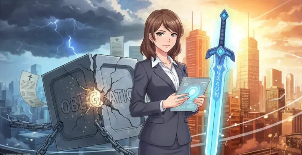 統合報告書を手に、重い石板の義務を背負うのではなく、光り輝く剣という武器として活用し未来へ進むビジネスパーソンの姿。