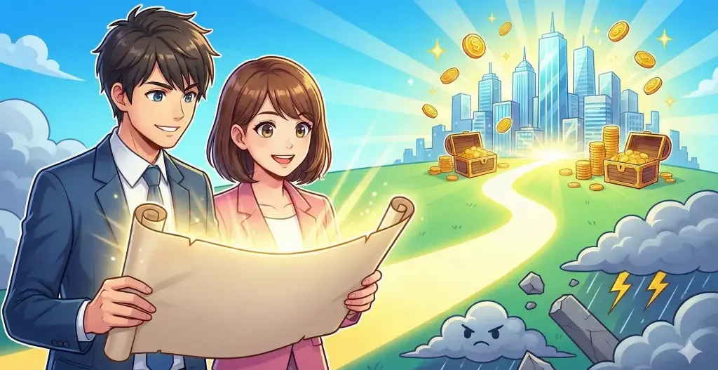 若い起業家の二人が光る事業計画書を広げ、リスクを避けながら資金調達の成功が待つ輝く都市へ進む。