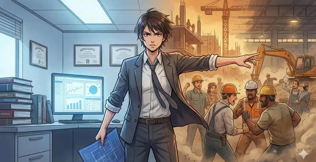 資格証や専門書が並ぶ整然としたオフィスを背に、熱気ある建設現場で議論する作業員たちへ向き合い、泥臭く指示を出すスーツ姿のコンサルタント。