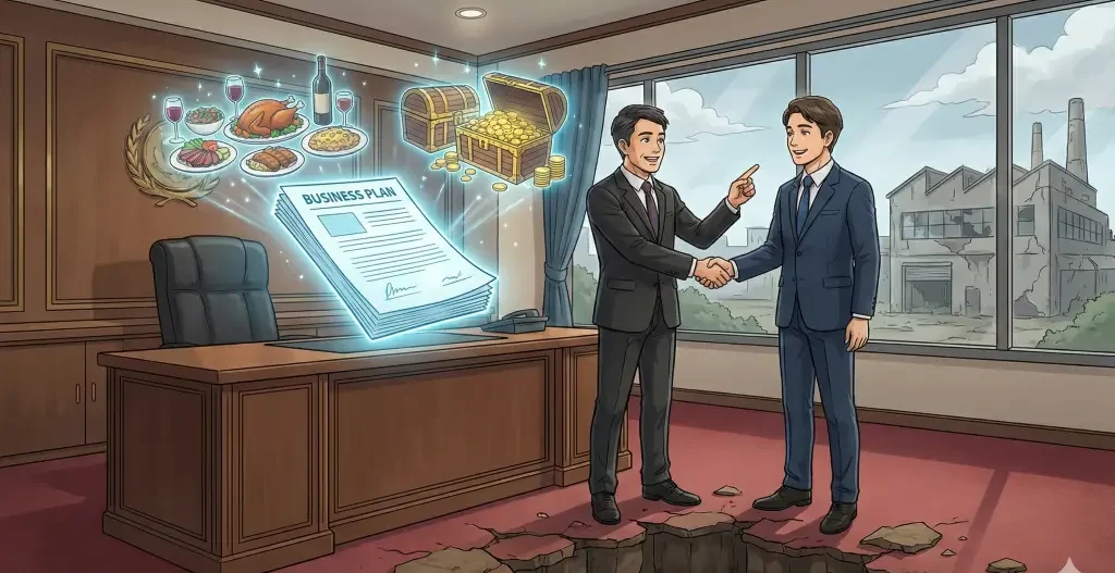 銀行員と握手する経営者の足元に倒産の罠が潜む。机上の経営改善計画書からは豪華な幻影が浮かび、見せかけの成功と実態の乖離を表現。