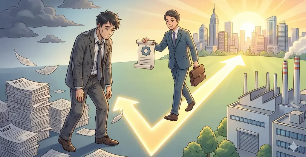 借入の山に苦しむ経営者が公的支援を活用し、光るV字の道を歩んで事業再生とV字回復のロードマップを実現する。