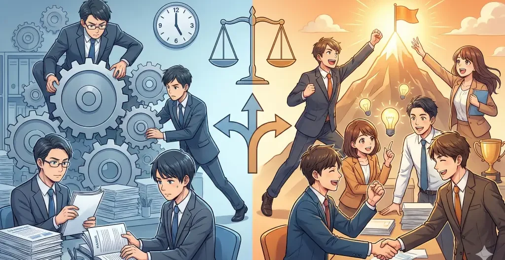 社員たちが、歯車を回すルーチン業務と、協力して目標達成を目指す創造的な業務を左右に対比させ、組織の評価制度と人材配置の違いを表す。