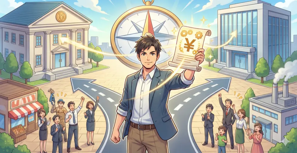 中小企業の経営者が銀行融資を活用し、資金調達と事業成長を実現する様子。デットファイナンスの基礎や賢い選び方を象徴する。