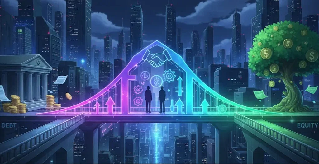 M&Aや事業承継を支えるメザニンファイナンスを象徴する、銀行と資本の架け橋となる光り輝く道と、未来を見据えるビジネスパーソン。