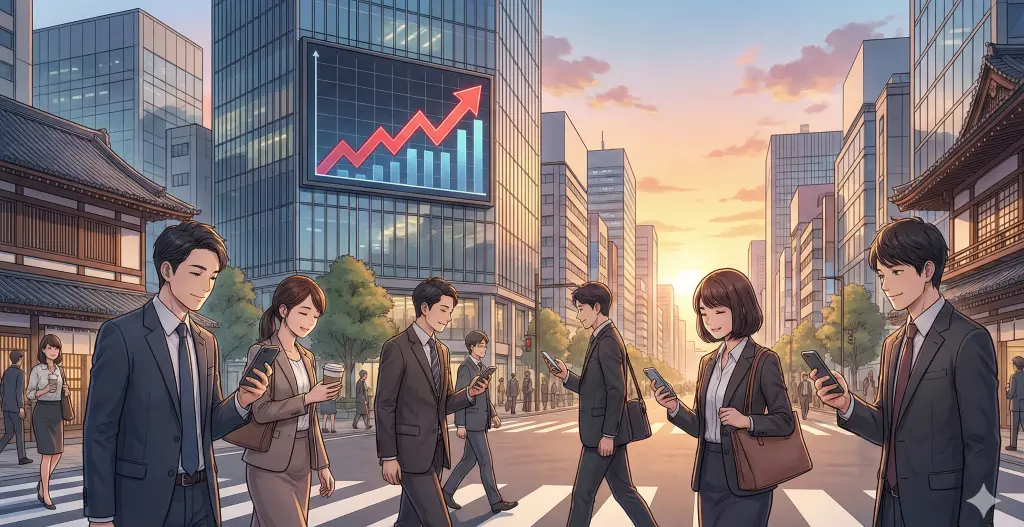 夕暮れの金融街、ビルに映る株価上昇のグラフの下で、人々が冷静に日常を過ごす熱狂なき成熟した日本社会の風景。