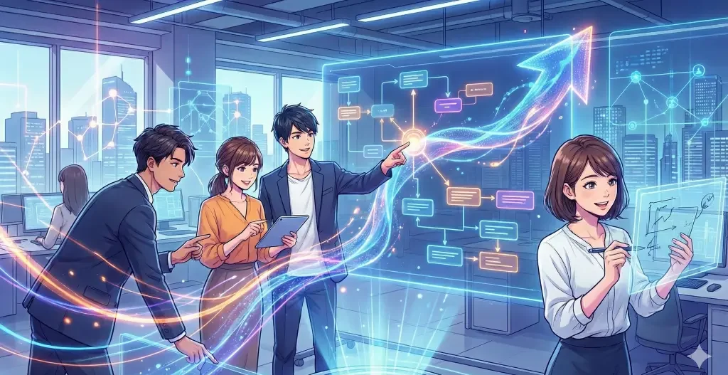 デジタル化されたオフィスでチームが連携しアジャイル開発の工程をホログラムで操作しながらDX推進へ向けてスピード感を持って取り組む。