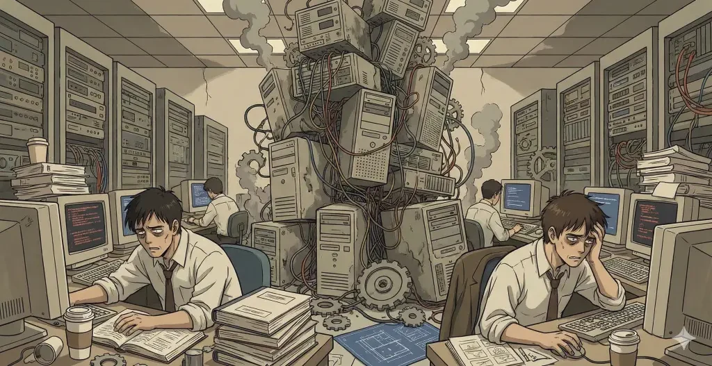 煙を上げて崩壊する20年前の巨大サーバーと、書類の山で疲弊したエンジニアたちによるDX失敗事例とプロジェクト破綻の混沌とした様子。