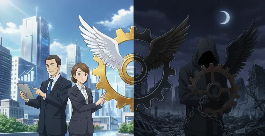 エクイティファイナンスによる資金調達の光と影を表現し、増資による会社成長と責任の対比を描く。