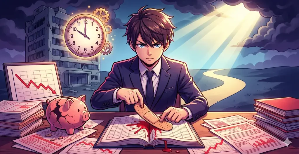 経営危機を示す下降グラフや割れた貯金箱の前で、男性が赤字の帳簿に絆創膏を貼り、資金不足への緊急の止血策を行う緊迫した様子。