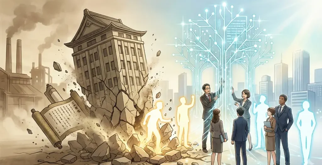 三種の神器に象徴される日本的経営の崩壊と、瓦礫の中から輝く多様な人材が未来を創る人的資本経営への進化を描く。