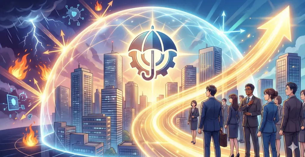 激しい嵐や火災などのリスクから光のシールドで守られた企業ビル群と、損害保険の加護を受けて明るい成長戦略の未来へ進むビジネスマンたち。