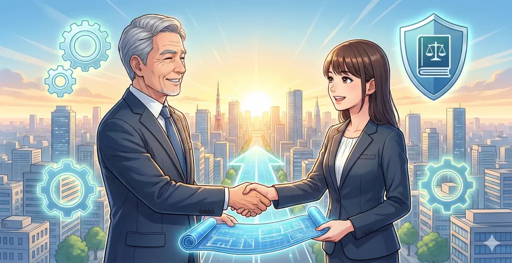 笑顔で握手する新旧の経営者と未来の設計図。事業承継を成功へ導く計画づくりと、経営承継円滑化法の活用を象徴する光が描かれている。