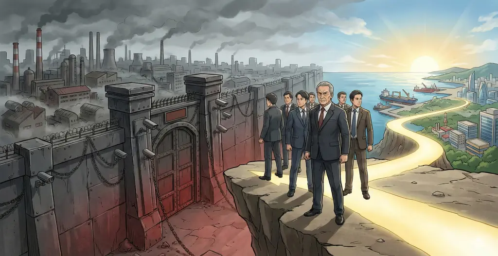 中国の経済減速と規制強化というリスクに直面する日本企業。専門家の導きで、閉ざされた門から明るい未来の生存戦略へと舵を切る分岐点の光景。