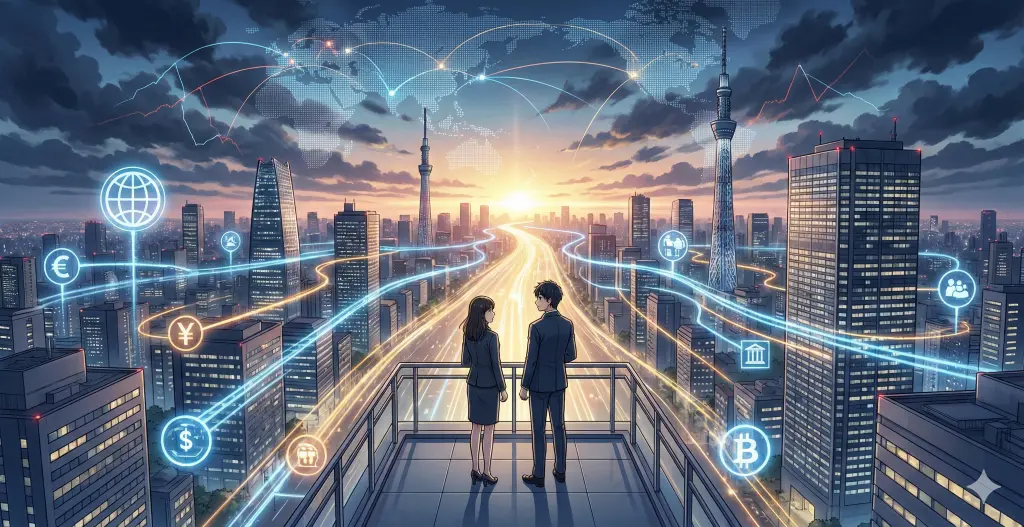 2026年の日本経済を象徴する国際資金循環の光が走る東京の夜明け。地政学リスクを見据え、展望台から未来を俯瞰するビジネスパーソンの後ろ姿。