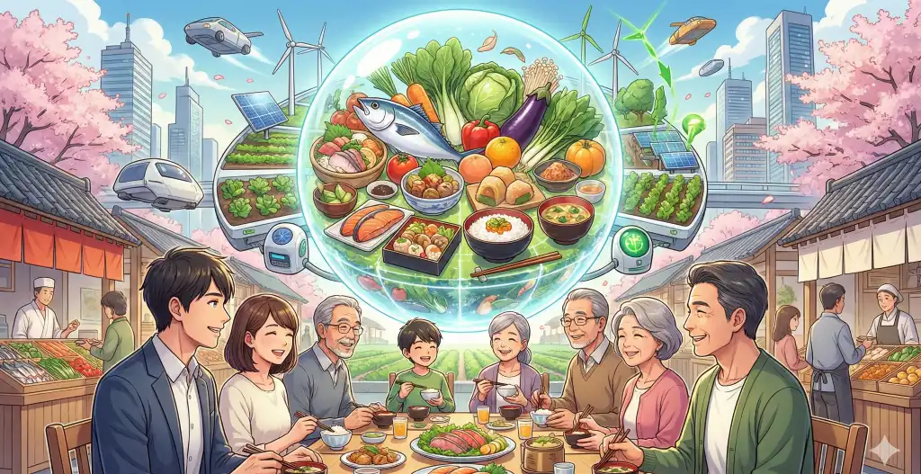 2026年の日本の食品市場を象徴する、新鮮な和食を囲んで微笑む人々と、伝統と先端技術が調和した街並みが織りなす新しい豊かさ。