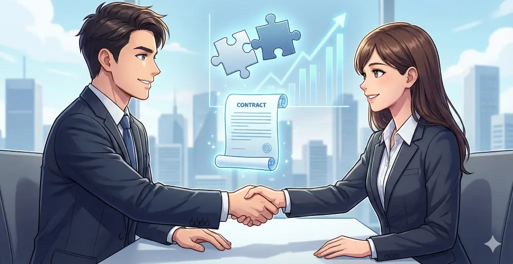 M&Aの成約を目指し、プロの交渉術で契約書を交わして握手する二人のビジネスパーソン。