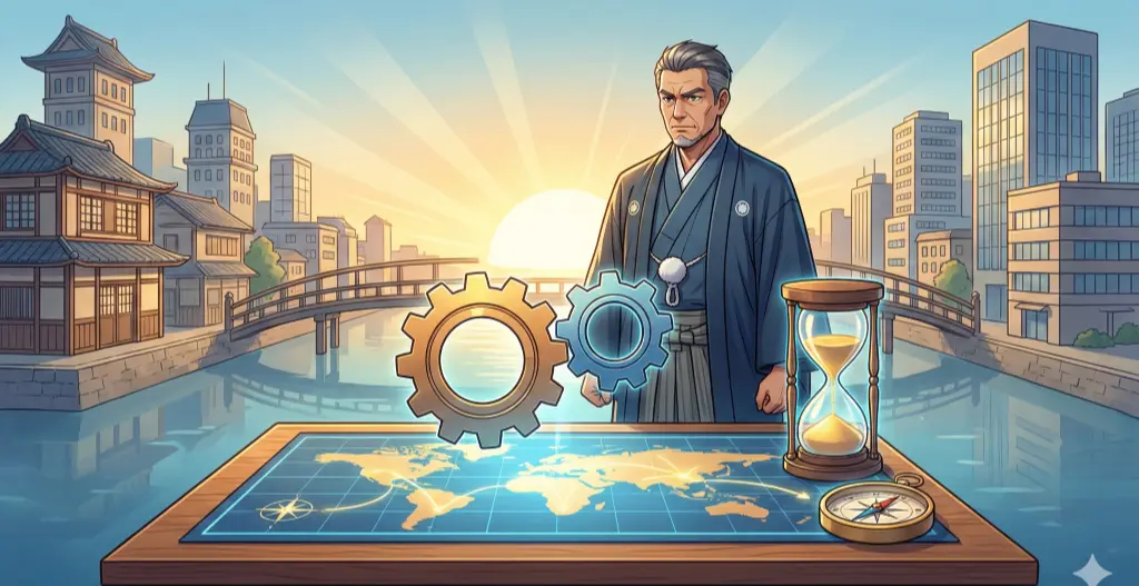 日の出を背景に、戦略地図、かみ合う歯車、砂時計を前にM&Aと事業承継の重大な決断を下そうとする経営者の真剣な姿。