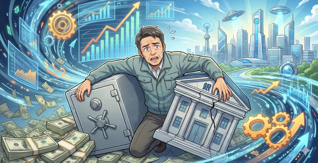 積極財政の中、金庫と壊れかけた銀行を抱える中小企業経営者。現金依存のリスクを表現し、背景には上昇するグラフと近未来の街並みが広がる。