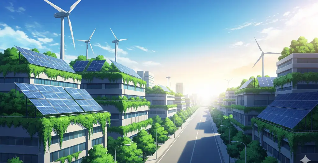 中小企業がGX経済移行債や支援策を活用し、環境と調和した未来都市へ続く成長の道を歩む風景。