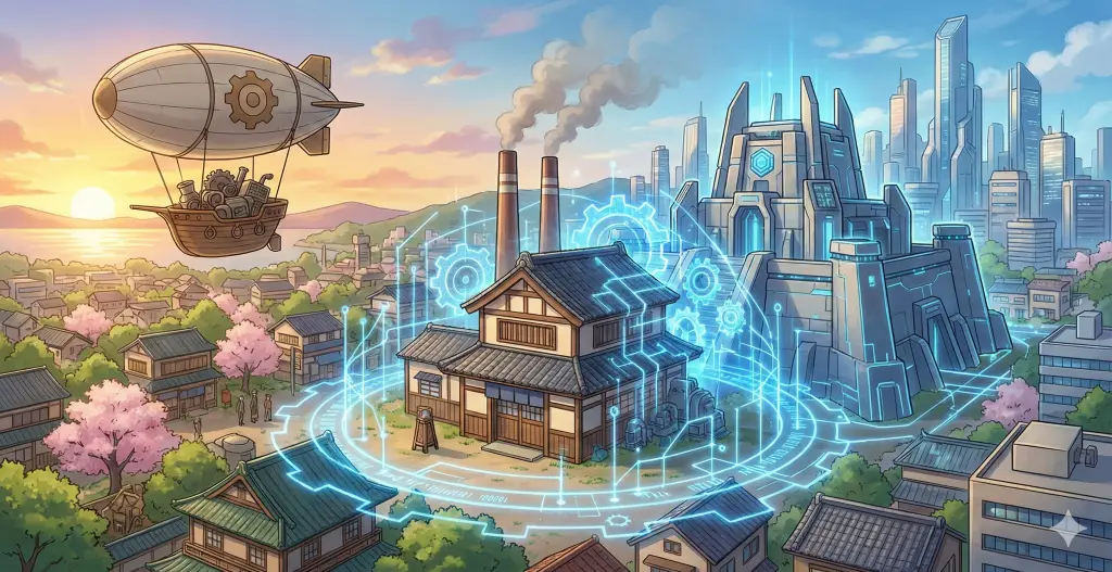 デジタル化の光に包まれた中小企業の建物と、遠くの未来都市へ進む飛行船。2026年に向けた生存戦略と戦略的撤退による組織の進化を表現。