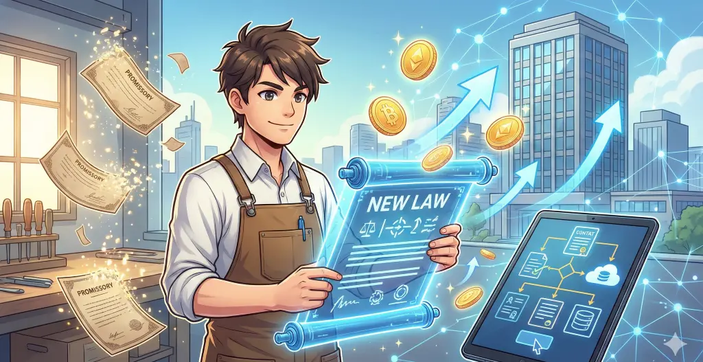 下請法改正に伴い、手形廃止や価格転嫁の適正化、業務の電子化フローをデジタルの巻物とタブレットで確認するプロフェッショナルの姿。