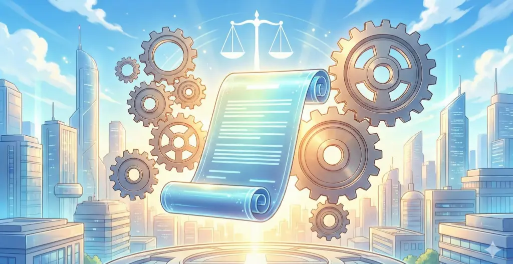 取適法や下請法改正を象徴する、光る巻物と精密な歯車が浮かぶ都市の風景。中小企業に関わる取引ルールの変化を公正な天秤と共に表現。