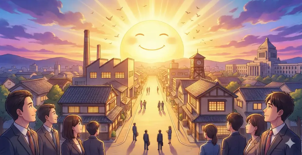 昇る朝日と国会議事堂を背に未来を見つめる人々。高市政権の減税戦略や消費税ゼロが、中小企業経営に明るい展望をもたらす象徴的な光景。